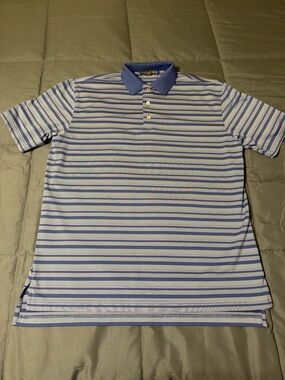 Peter Millar Blue and White Striped Polo with Solid Blue Collar